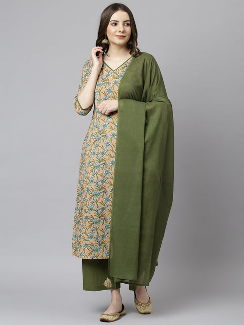 Peach Cotton Floral Print Kurta with Palazzo and Dupatta